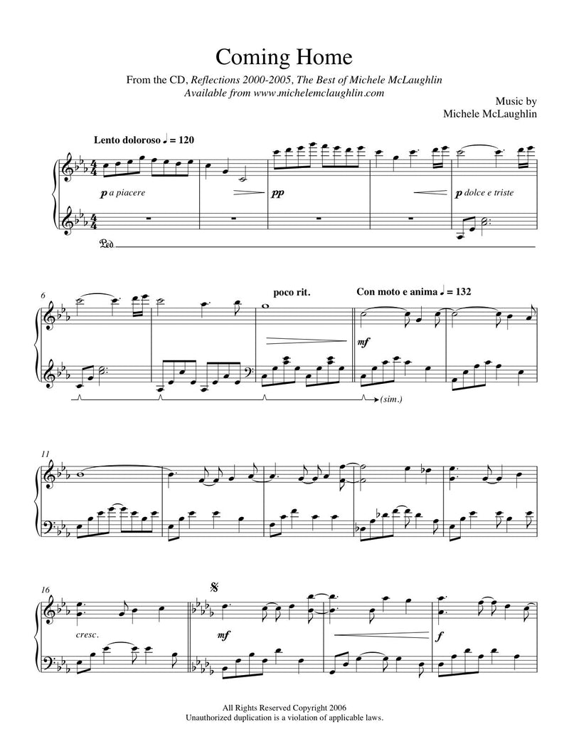 Coming Home - Reflections 2005 (PDF Sheet Music) - Michele McLaughlin Music