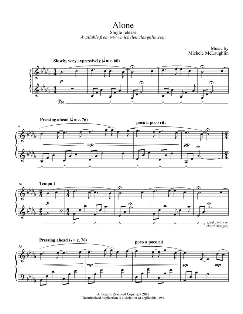 Alone (PDF Sheet Music) - Michele McLaughlin Music
