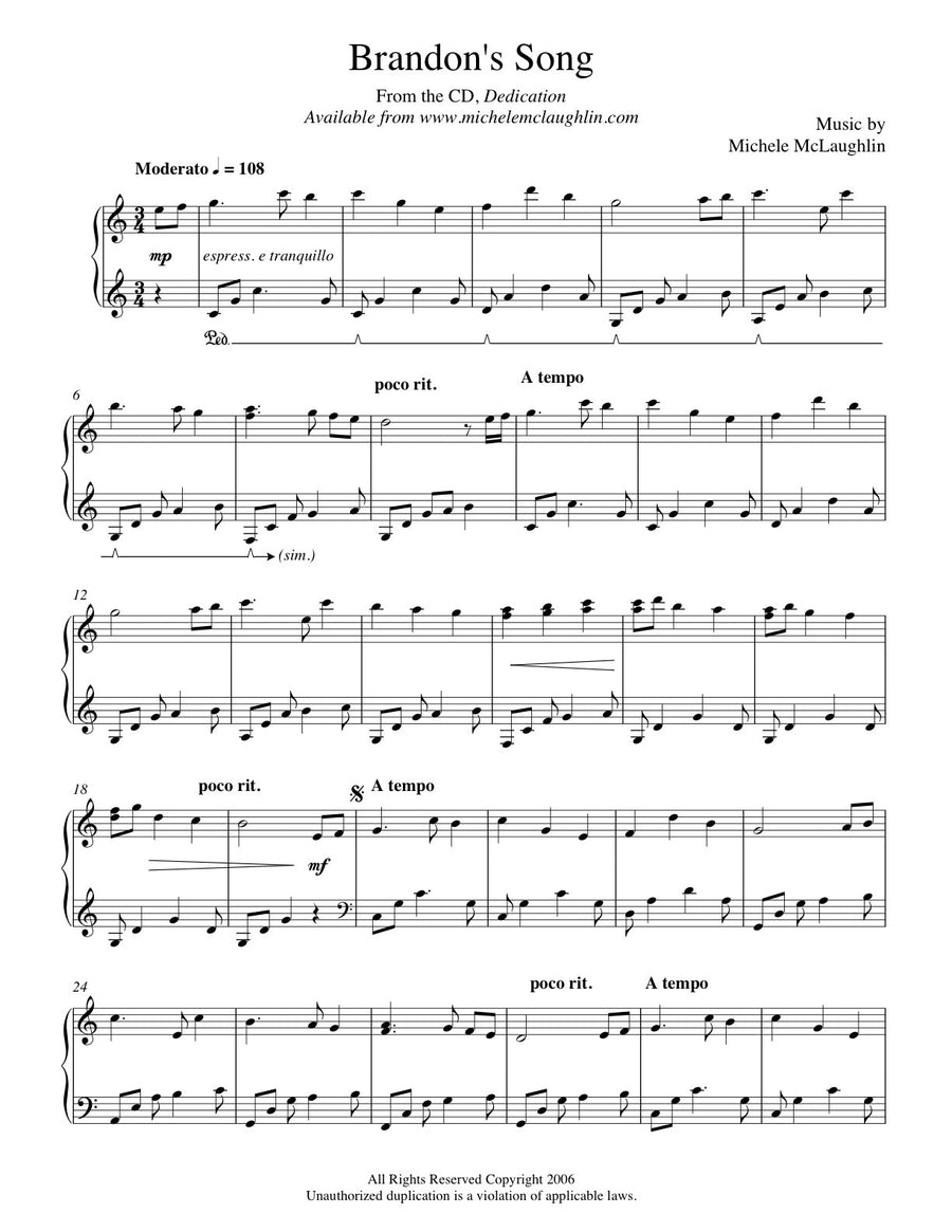 Brandon's Song (PDF Sheet Music) – Michele McLaughlin Music