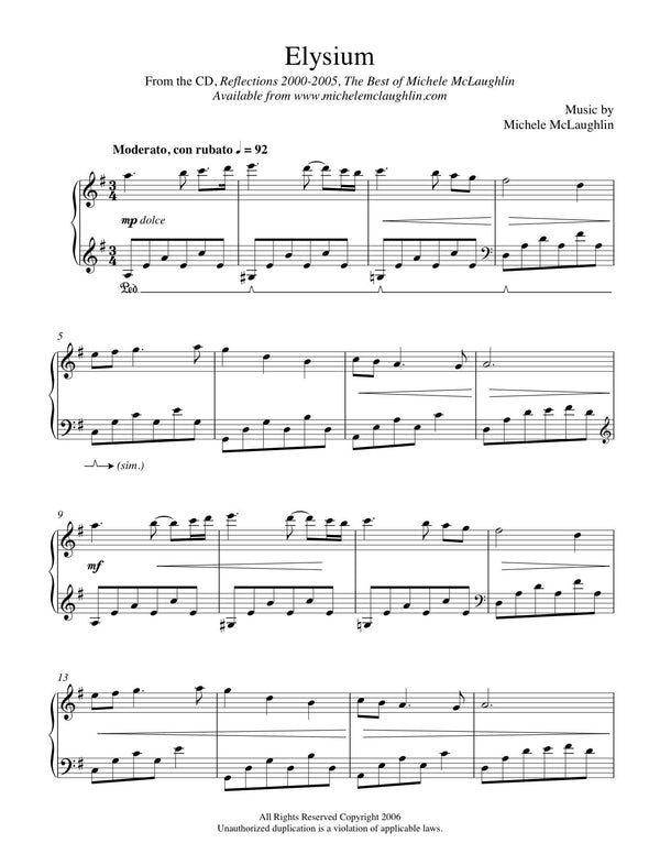 Elysium - Reflections 2001 (PDF Sheet Music) - Michele McLaughlin Music
