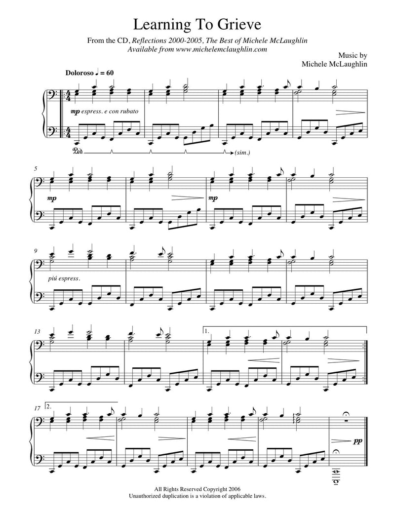 Learning To Grieve - Reflections 2002 (PDF Sheet Music) - Michele McLaughlin Music
